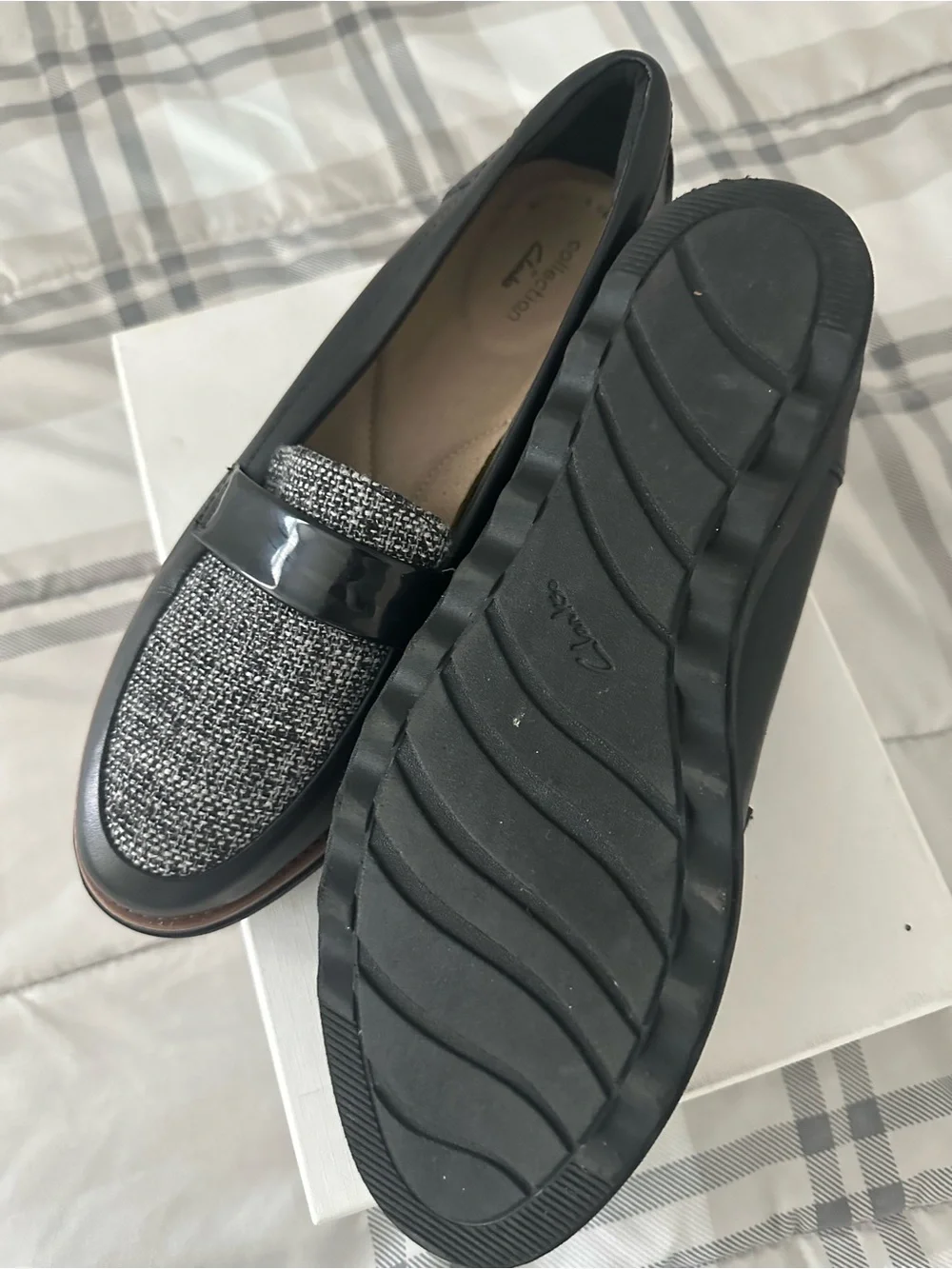 Clarks Black & Gray Tweed Penny Loafers - Picture 2 of 6